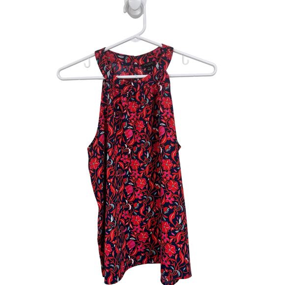 Ann Taylor Factory Sleeveless High Neck Navy Red Floral Print Tank Top Womens XS - Picture 1 of 6